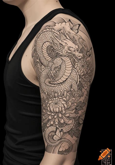 Blackwork Japanese Style Tattoo Sleeve Featuring A Dragon Chrysanthemums And Butterflies On An Arm On Craiyon Blackwork Japanese Style Tattoo Sleeve Featuring A Dragon Chrysanthemums And Butterflies On An Arm On Craiyon