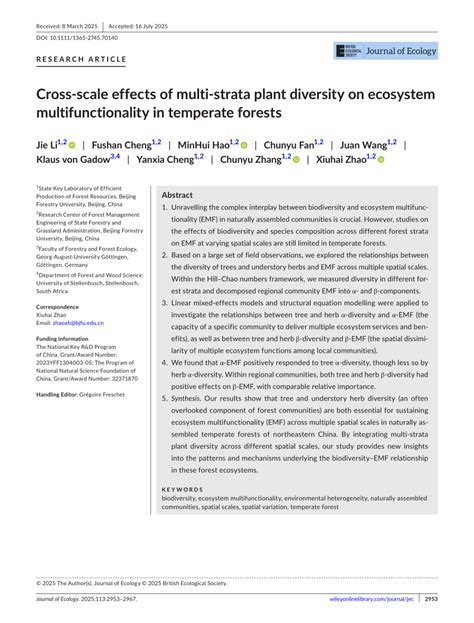 Cross Scale Effects Of Multi Strata Plant Diversity On Ecosystem Multifunctionality In Temperate Forests Li Journal Of Ecology Wiley Online Library