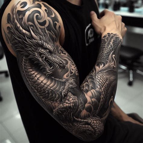 Dragon Sleeve Tattoo With Flowers Dragon Sleeve Tattoo With Flowers