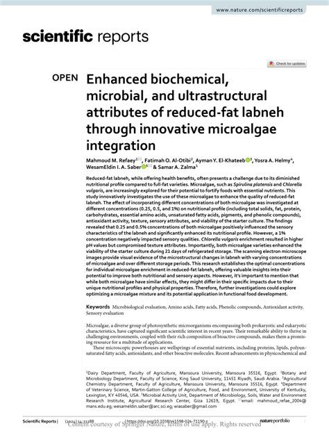 Enhanced Biochemical Microbial And Ultrastructural Attributes Of Reduced Fat Labneh Through Innovative Microalgae Integration Scientific Reports