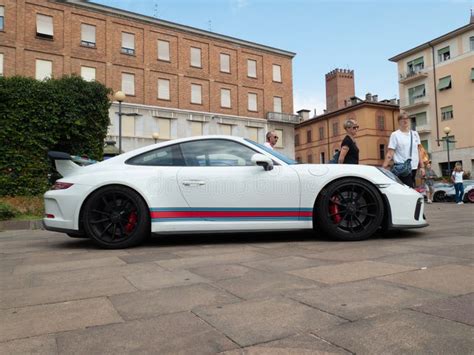 Low Angle White Porsche 911 Gt3 Wearing Martini Racing Stripes Resting
