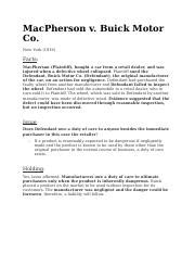 Macpherson V Buick Motor Co Case Brief Summary For Law School Success
