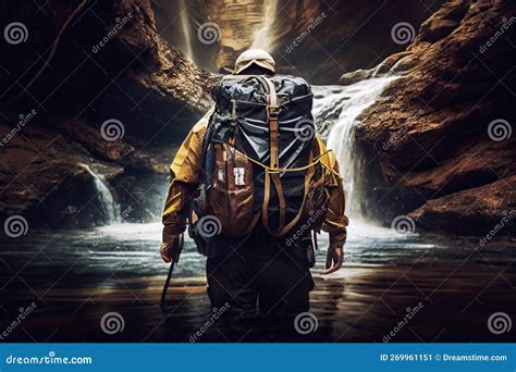 Man Exploring The Cave Deep Under Earth Generative Ai Stock