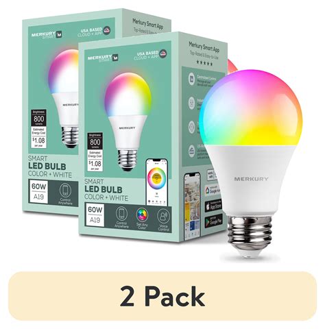 Merkury Smart Led Bulb 9W 60W Eqv Rgbw Dimmable A19 Light E26 Base 1 Pack Walmart Com