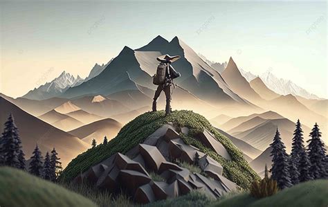 Mountain Landscape View And An Explorer Background Mountain Adventure Forest Background Image