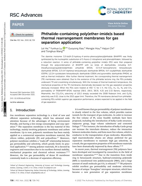 Phthalide Containing Poly Ether Imide S Based Thermal Rearrangement Membranes For Gas Separation Application Rsc Advances Rsc Publishing Doi 10 1039 D1ra07013d Phthalide Containing Poly Ether Imide S Based Thermal Rearrangement Membranes For Gas Separation Application Rsc Advances Rsc Publishing Doi 10 1039 D1ra07013d