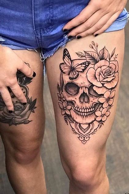 Pin By Mrs Goldstein On Body Works Skull Thigh Tattoos Feminine Skull Tattoos Girly Skull Tattoos