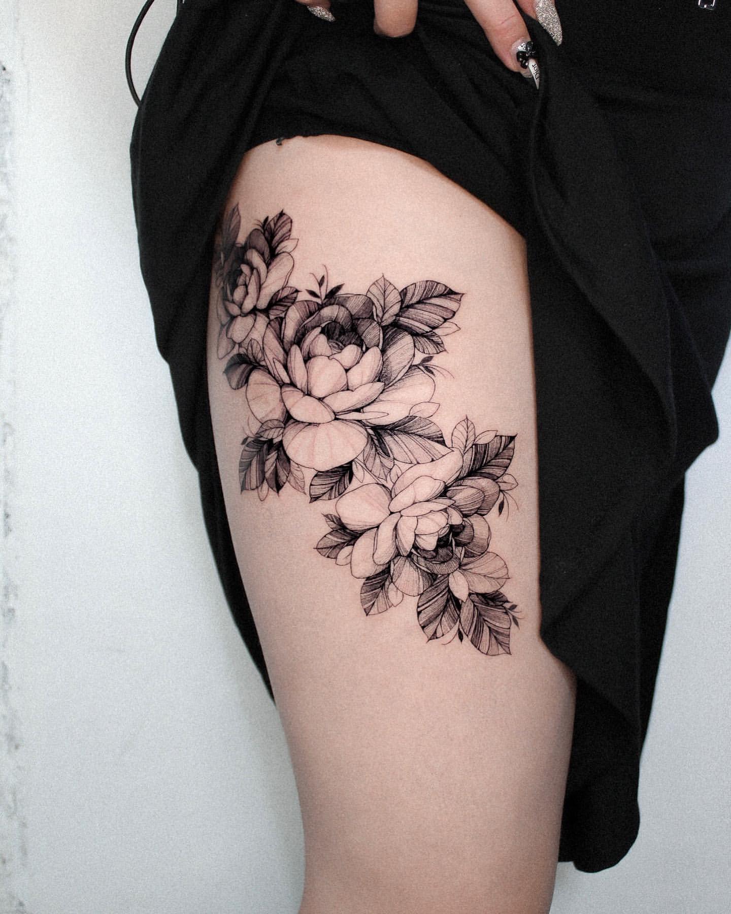 Rose Side Thigh Tattoos