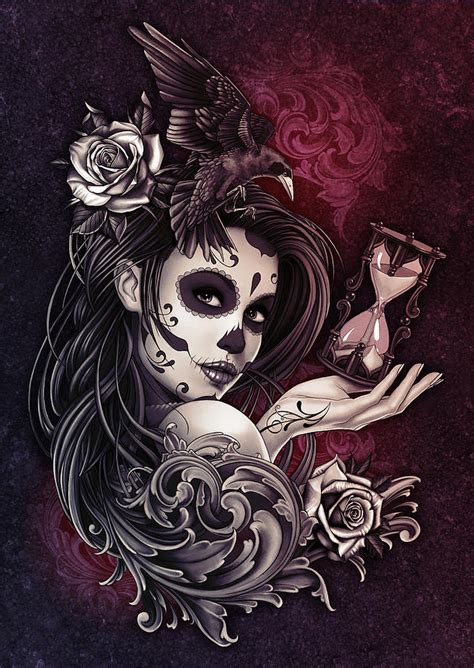 Tattoo Style Sugar Skull Girl With Bird Art Print Tattoo Style Sugar Skull Girl With Bird Art Print
