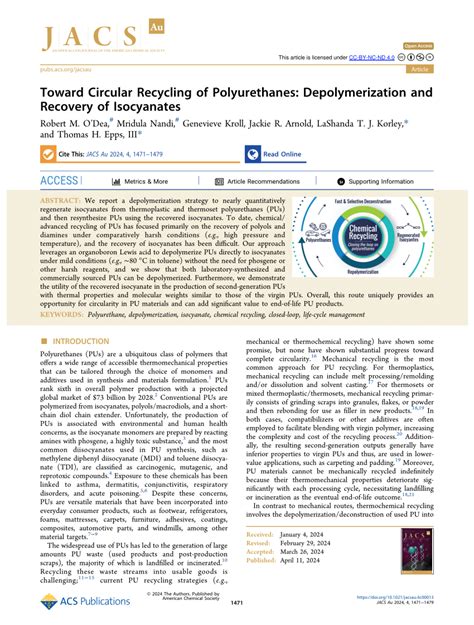 Toward Circular Recycling Of Polyurethanes Depolymerization And Recovery Of Isocyanates Jacs Au Toward Circular Recycling Of Polyurethanes Depolymerization And Recovery Of Isocyanates Jacs Au