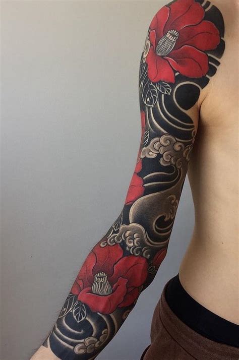 Traditional Japanese Tattoo Sleeve With Red Flowers