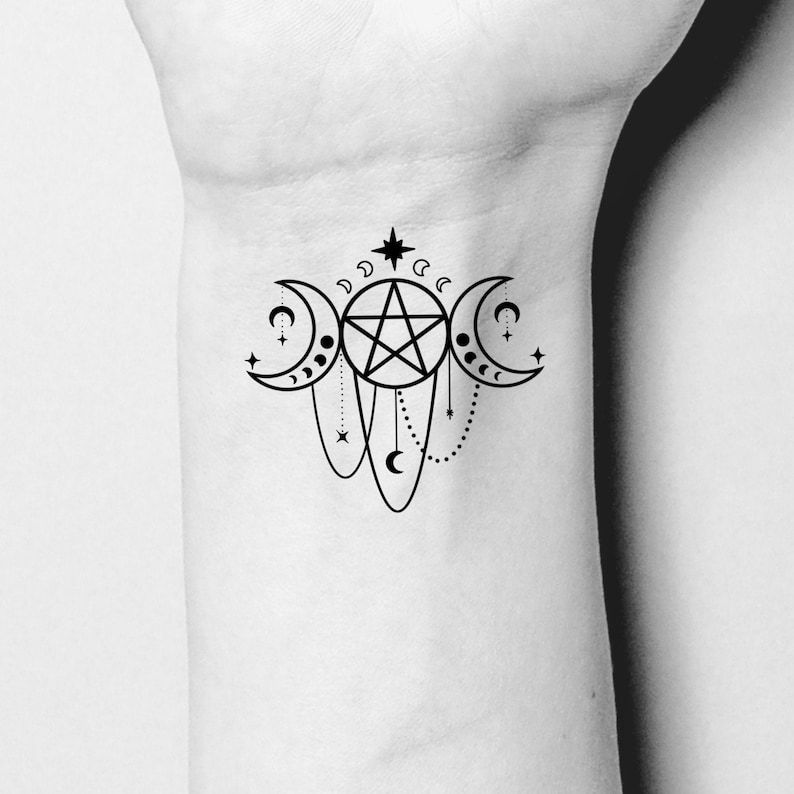 Triple Moon Goddess Pentacle Temporary Tattoo Occult Fake Tattoo Wicca Tattoo Halloween Tattoo Witchcraft Tattoo Etsy