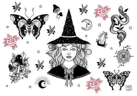 Witchy Tattoo Flash Sheet Sticker Witchy Tattoo Flash Sheet Sticker